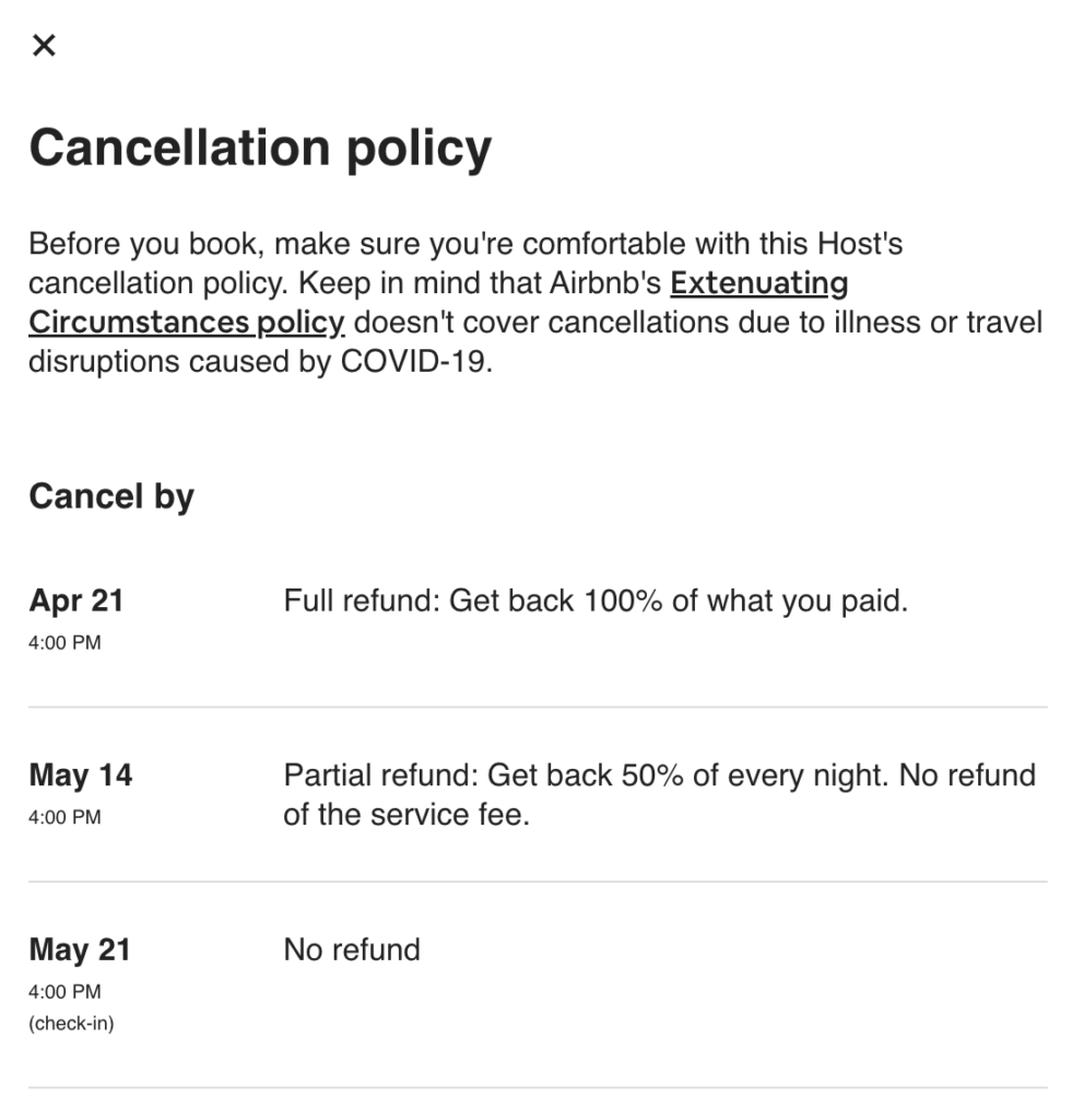 Click on the ‘Show more’ link, and you will see the full details regarding the dates applicable to canceling and the percentage of refund that you will receive.