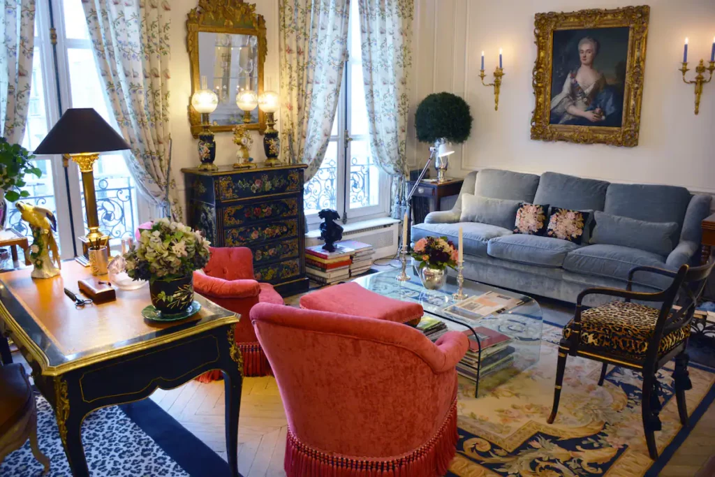 Stylish living room and dining space near the Eiffel tower.