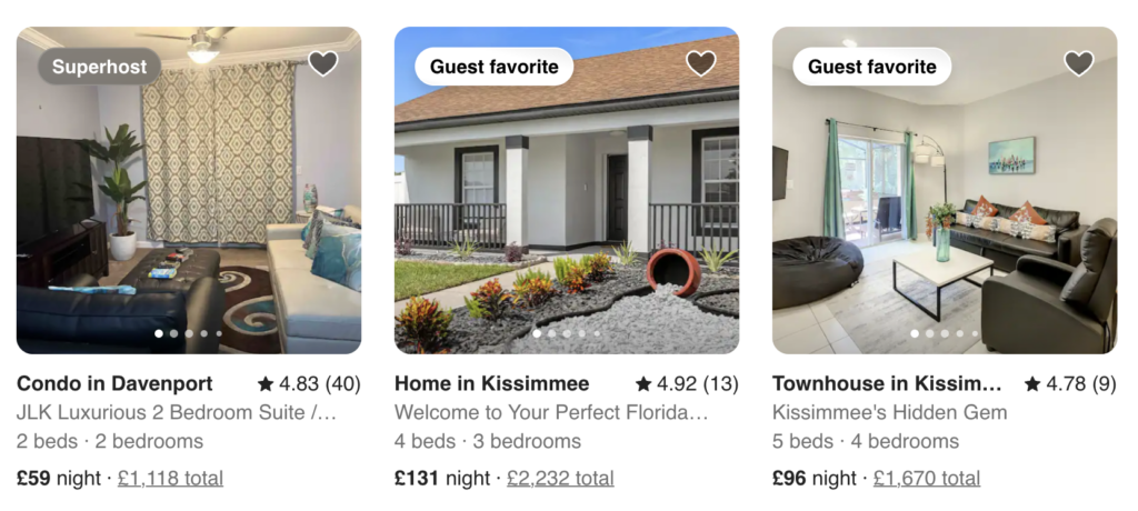 First off, I looked at properties in Kissimmee for four guests. 