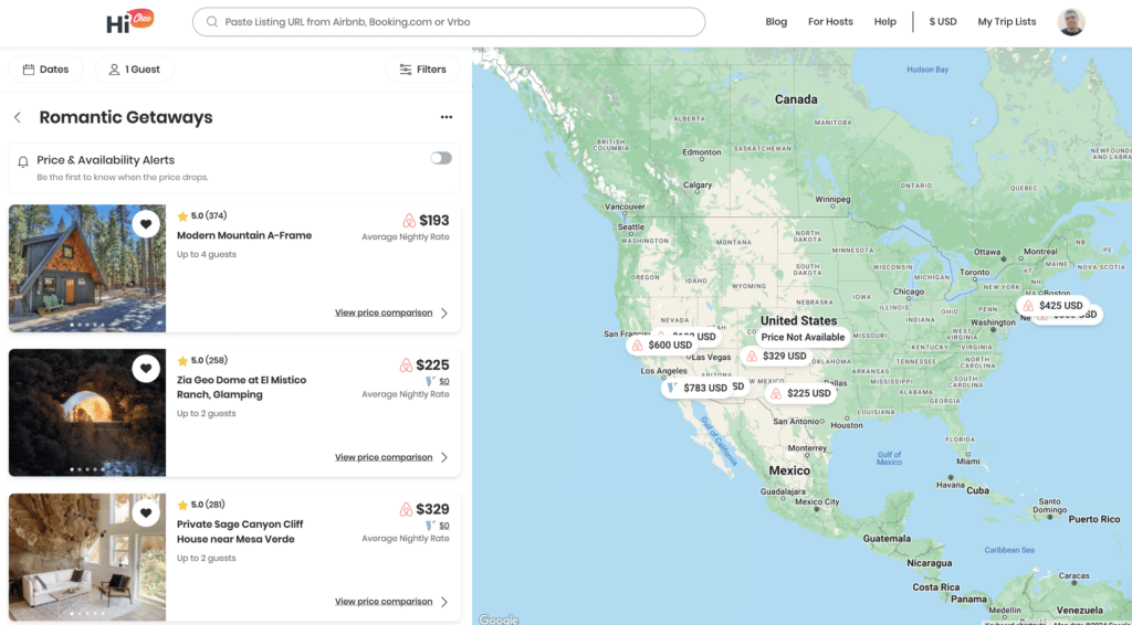 Romantic Airbnb getaways trip list