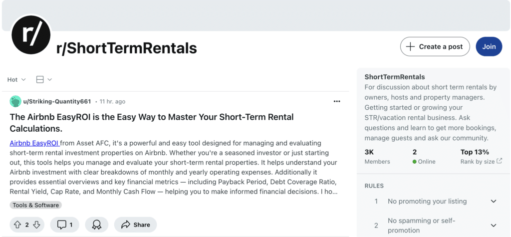 Reddit group for short term rental hosts