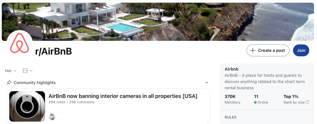 Reddit group for Airbnb hosts