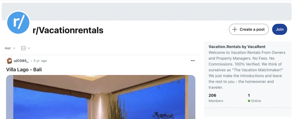Reddit group for vacation rental hosts and managers